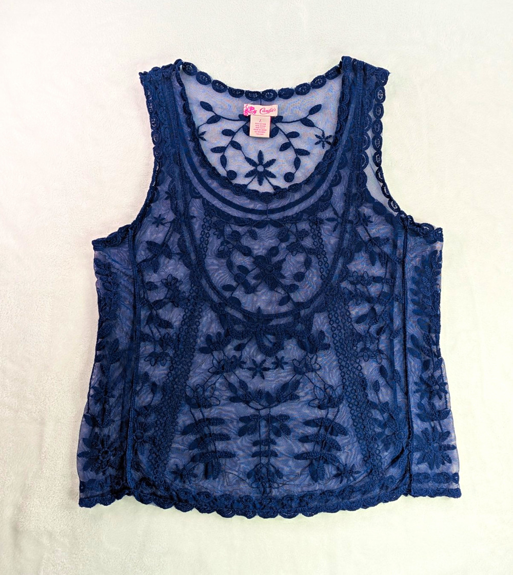 VTG Y2K Candie’s Sheer Navy Blue Lace Tank Top Embroidered Mesh Vest L